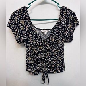 Pink Rose Black Floral Ruched Drawstring Front Short Sleeve Crop Top Size Small